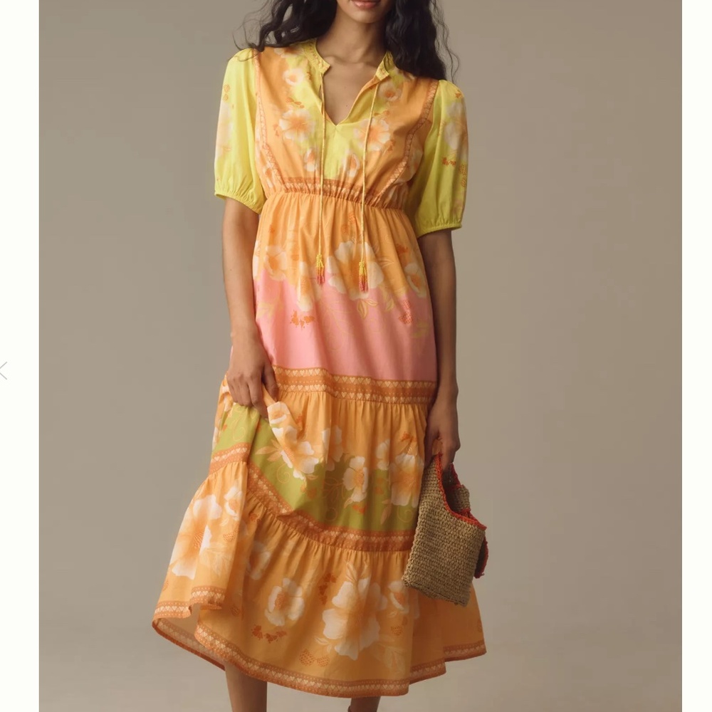 NWT Farm Rio x Anthropologie Short-Sleeve Tiered Midi Dress SIZE M